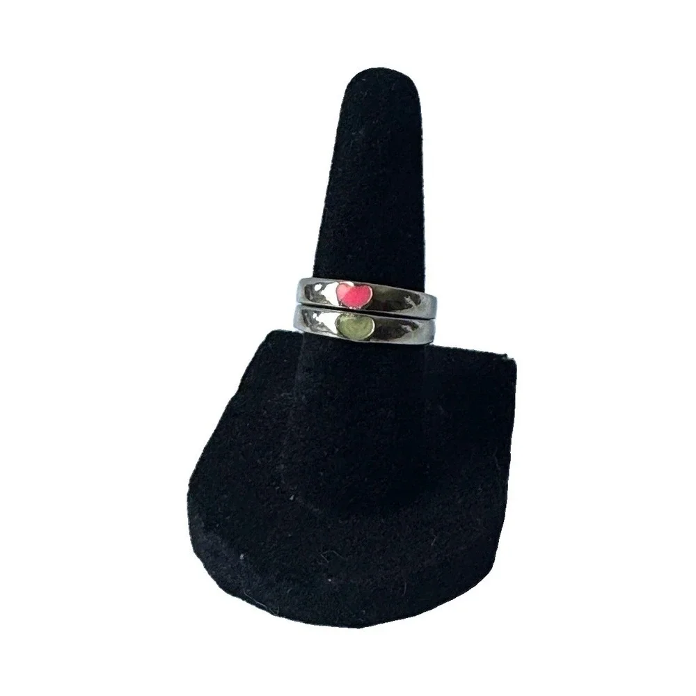 Silver Tone Metal Band Ring Red Heart Love Theme Adjustable Open Size 5